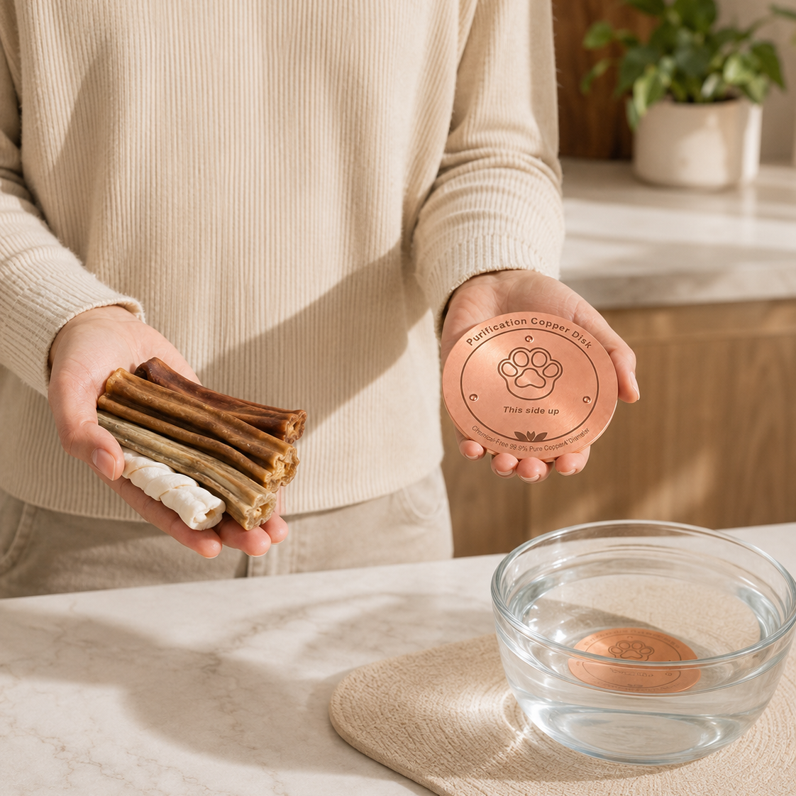 Dog dental chews and copper disc water bowl comparison